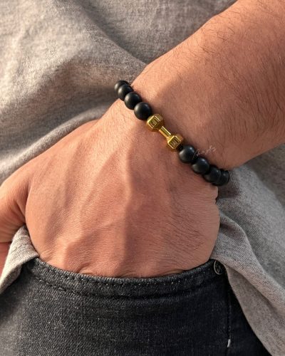 دستبند مردانه سنگی اونیکس با پلاک دمبل - Image 1