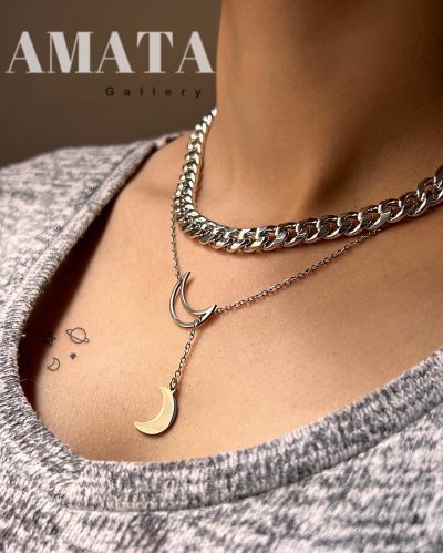 گردنبند دو ردیفه کارتیر و کرواتی ماه نقره ای - Image 1