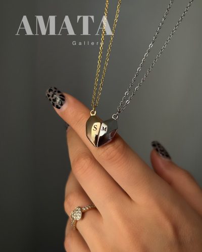 گردنبند ست مگنتی قلب چندضلعی با حک اول اسم - Image 2