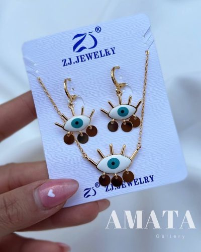 نیمست گردنبند و گوشواره چشمنظر برند ZJ مدل مژه دار - Image 2