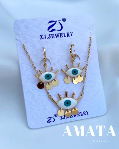 نیمست گردنبند و گوشواره چشمنظر برند ZJ مدل مژه دار - Image 1