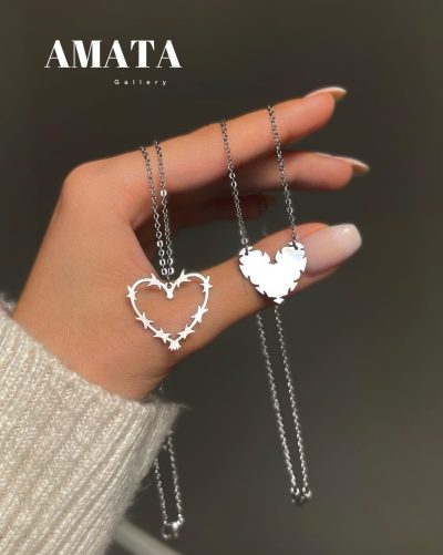 گردنبند ست قلب خاردار نقره ای با ارسال رایگان - Image 1