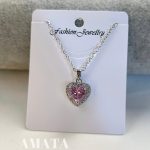 گردنبند جواهری قلب نگین صورتی دورنگین