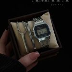 پک ولنتاین مردانه سیلور (سه تیکه ساعت بنگل گردنبند مکعب)