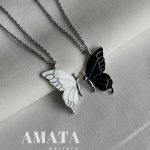 گردنبند کاپلی پروانه سفیدمشکی با حک اسم دلخواه